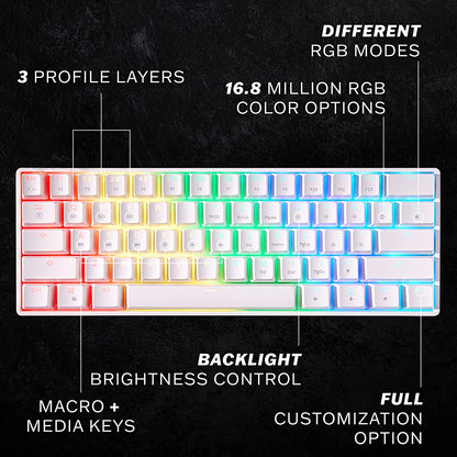 GK61 Mechanical Gaming Keyboard - 61 Keys Multi Color RGB Illuminated LED Backlit Wired Programmable for Pc/Mac Gamer (Gateron Optical Brown, White)